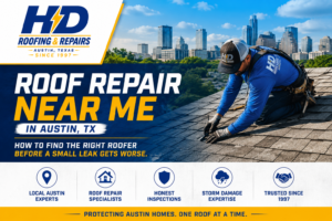 HD Roofing and Repairs roofer repairing a shingle roof with the Austin, Texas skyline and Roof Repair Near Me in Austin TX text.