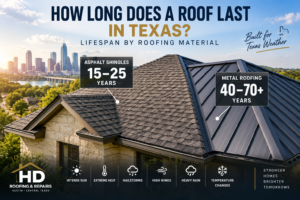 Asphalt shingle and metal roofing showing typical roof lifespan in Texas